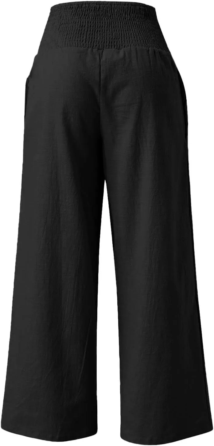 Linen Pants Women Summer 2025 Flowy Wide Leg High Waisted Pants Casual Beach Trousers Vacation Outfits for Women