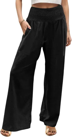 Linen Pants Women Summer 2025 Flowy Wide Leg High Waisted Pants Casual Beach Trousers Vacation Outfits for Women