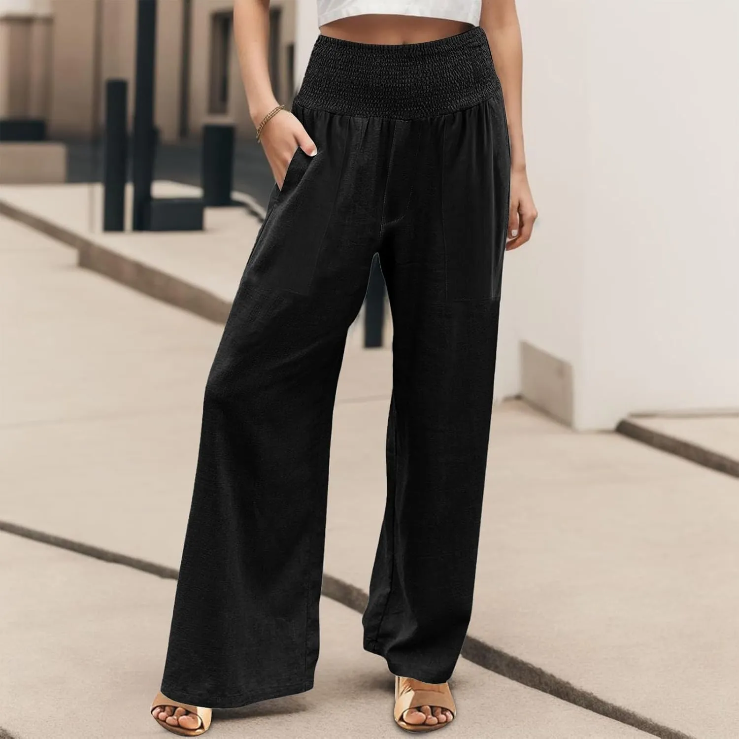 Linen Pants Women Summer 2025 Flowy Wide Leg High Waisted Pants Casual Beach Trousers Vacation Outfits for Women