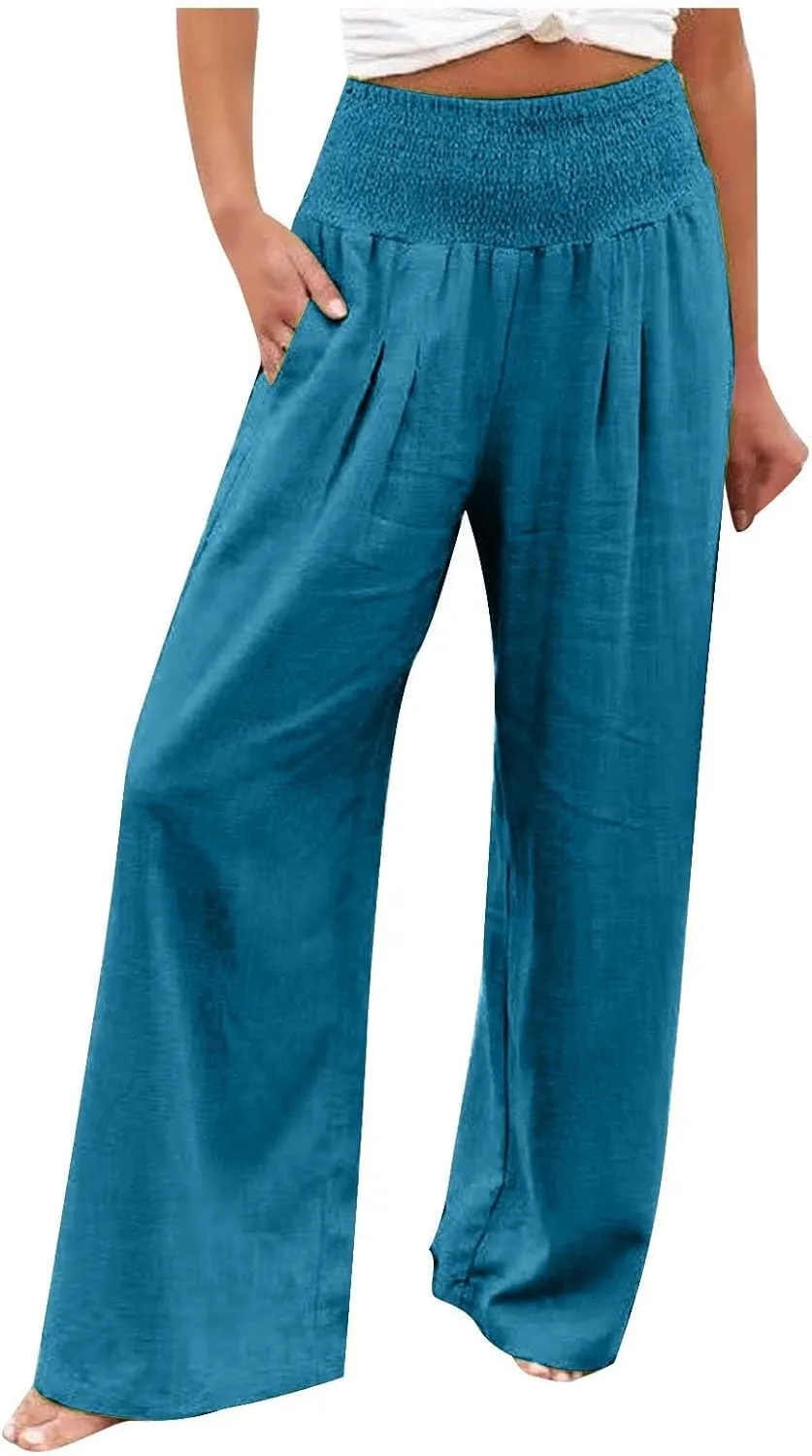 Linen Pants Women Summer Boho Wide Leg High Waist Casual Lounge Pants 2025 Beach Travel Vacation Outfits Linen Pants