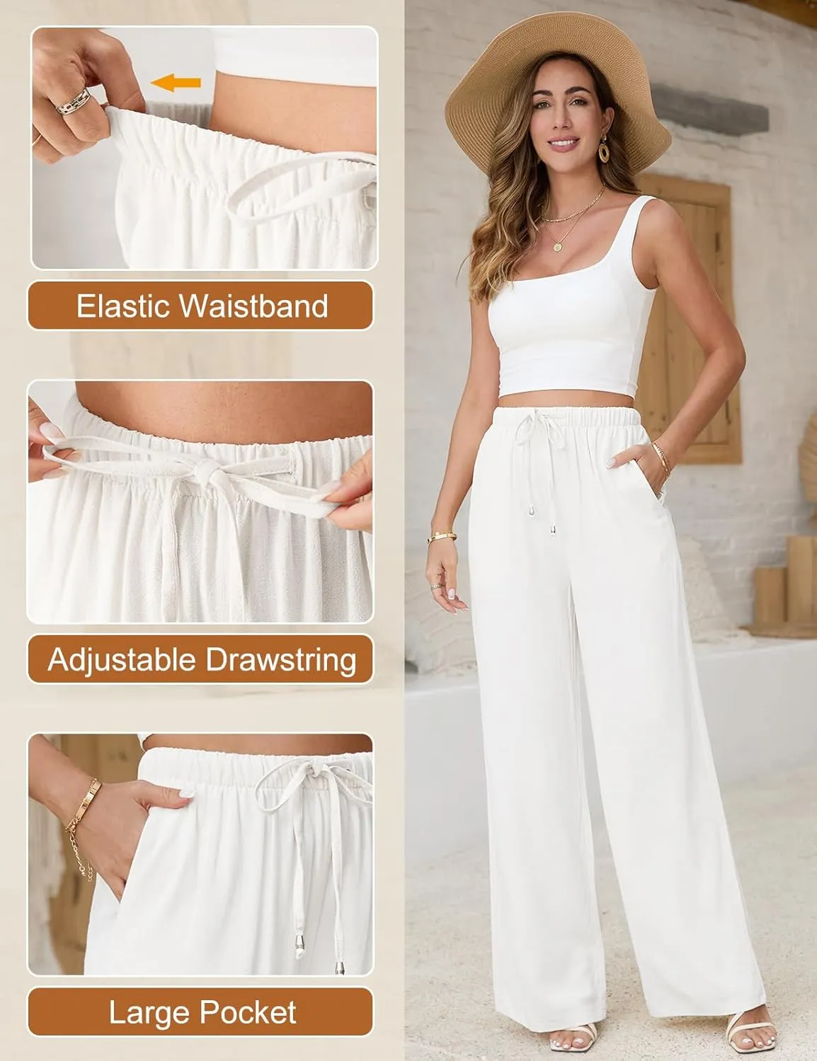 Linen Pants Women White Wide Leg Pants Summer Palazzo Pants Loose Flowy Beach Work Dress Black Pants Trousers 2025