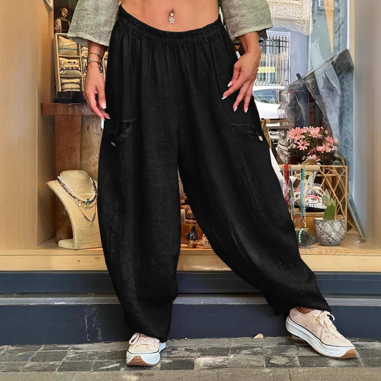 Linen Pants Women Women'sCotton and Linen Solid Color Pocket Baggy Casual Pants Beach Travel Vacation Clothe Flowy
