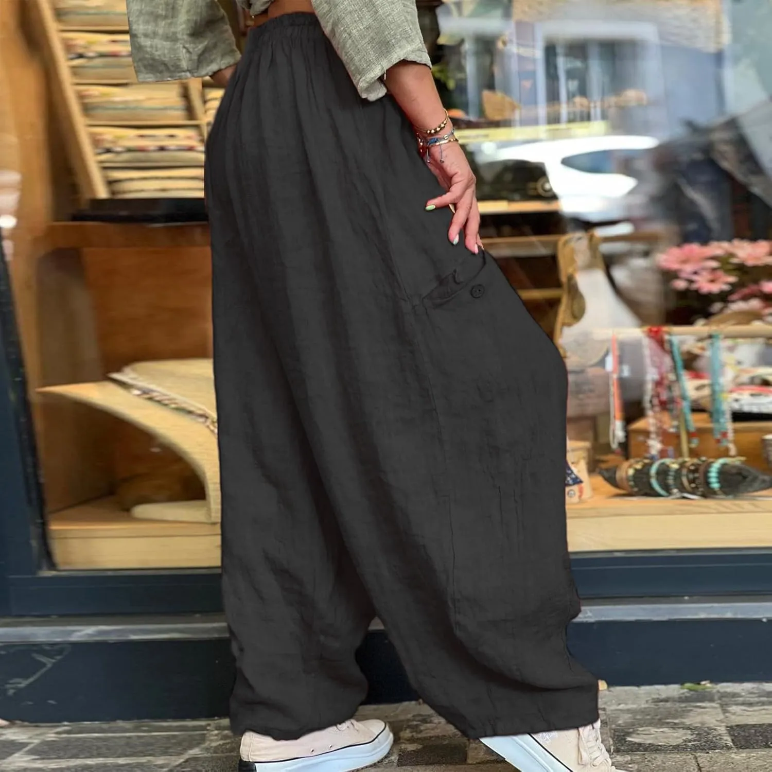 Linen Pants Women Women'sCotton and Linen Solid Color Pocket Baggy Casual Pants Beach Travel Vacation Clothe Flowy