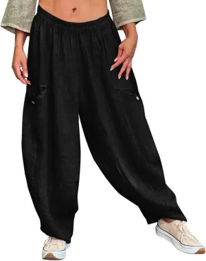 Linen Pants Women Women'sCotton and Linen Solid Color Pocket Baggy Casual Pants Beach Travel Vacation Clothe Flowy