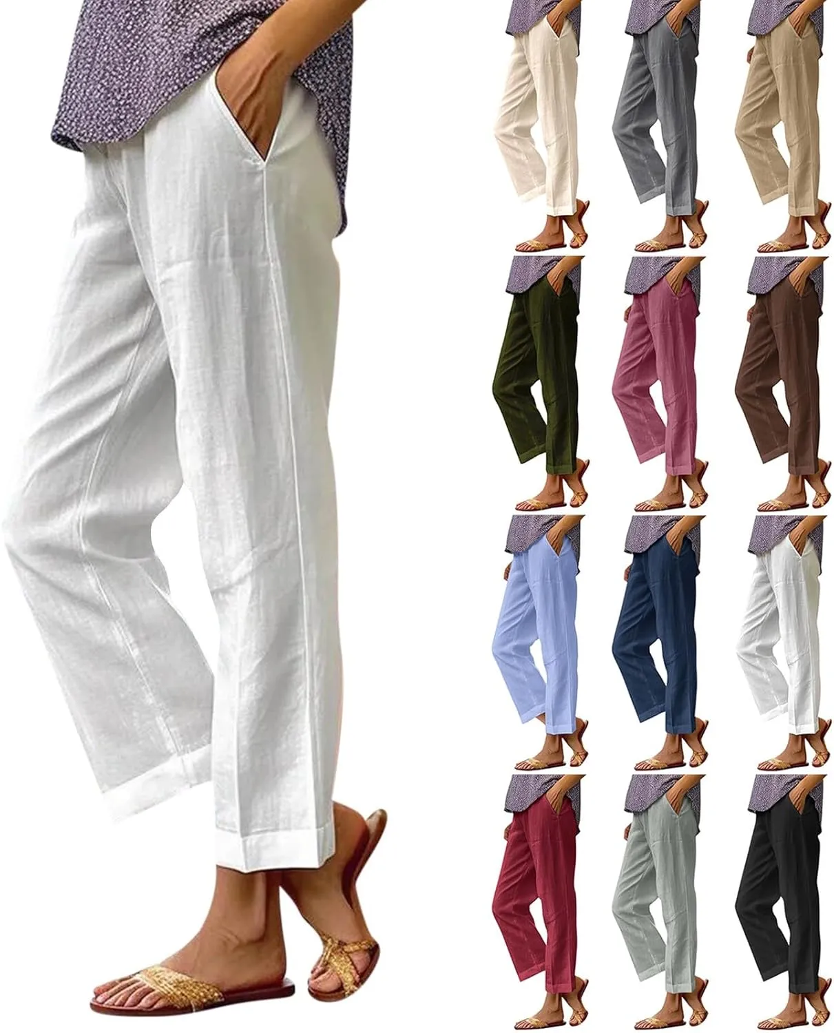 Linen Pants Womens Summer Pants Wide Leg Pants Casual with Pockets Elastic Waist Straight Leg Pants Beach Trousers