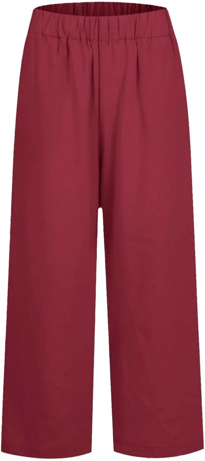 Linen Pants Womens Summer Pants Wide Leg Pants Casual with Pockets Elastic Waist Straight Leg Pants Beach Trousers