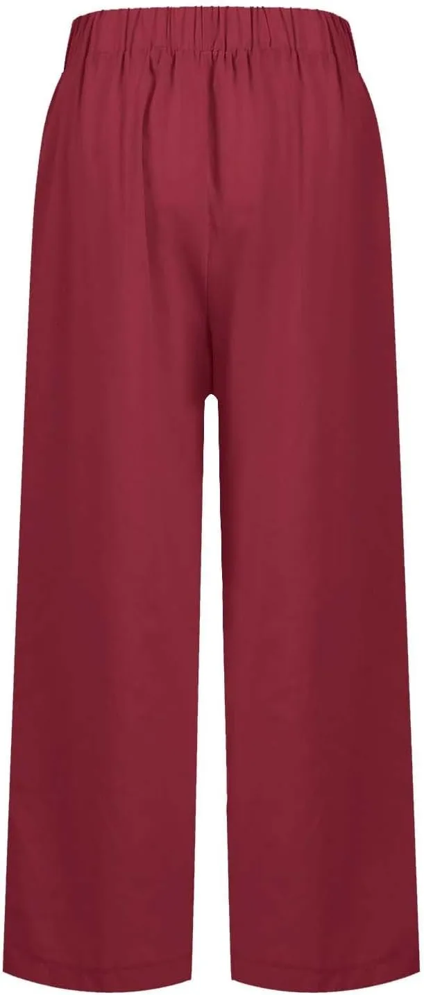 Linen Pants Womens Summer Pants Wide Leg Pants Casual with Pockets Elastic Waist Straight Leg Pants Beach Trousers
