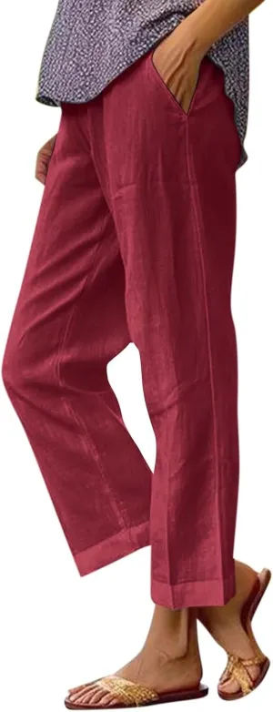Linen Pants Womens Summer Pants Wide Leg Pants Casual with Pockets Elastic Waist Straight Leg Pants Beach Trousers