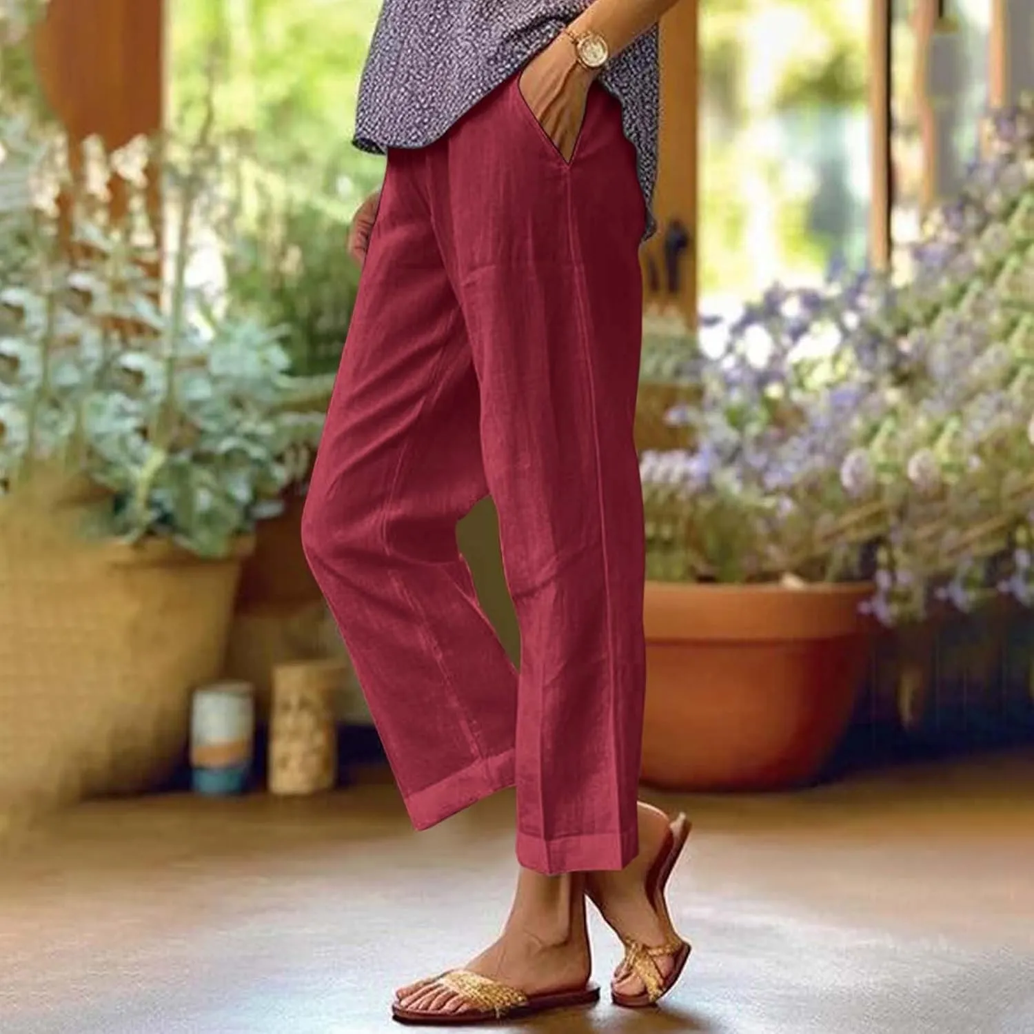 Linen Pants Womens Summer Pants Wide Leg Pants Casual with Pockets Elastic Waist Straight Leg Pants Beach Trousers