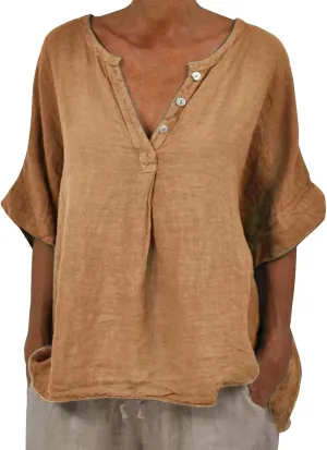 Linen Shirts for Women Summer Cotton Linen V Neck 3/4 Sleeve Tops Loose Vacation Beach Solid Blouses Tunic Tops
