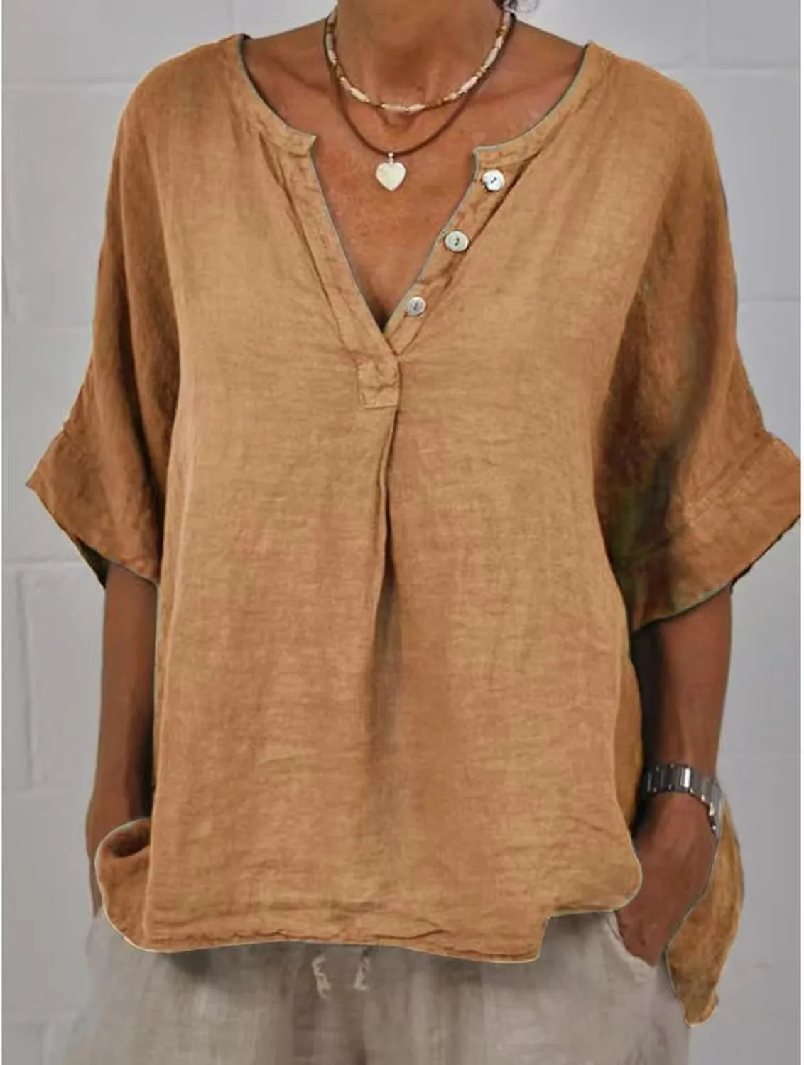 Linen Shirts for Women Summer Cotton Linen V Neck 3/4 Sleeve Tops Loose Vacation Beach Solid Blouses Tunic Tops
