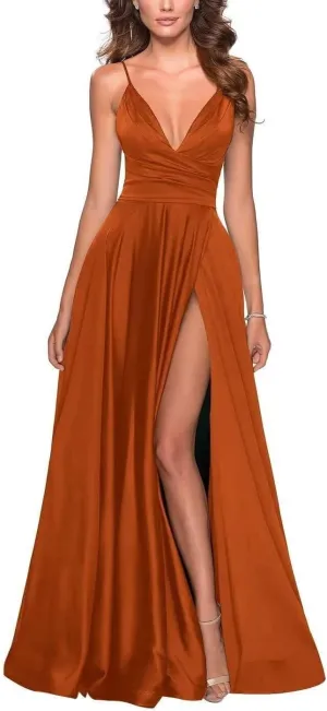 Long Prom Dresses for Women Spaghetti Strap A Line Satin Formal Evening Party Gown with Slit HGR17