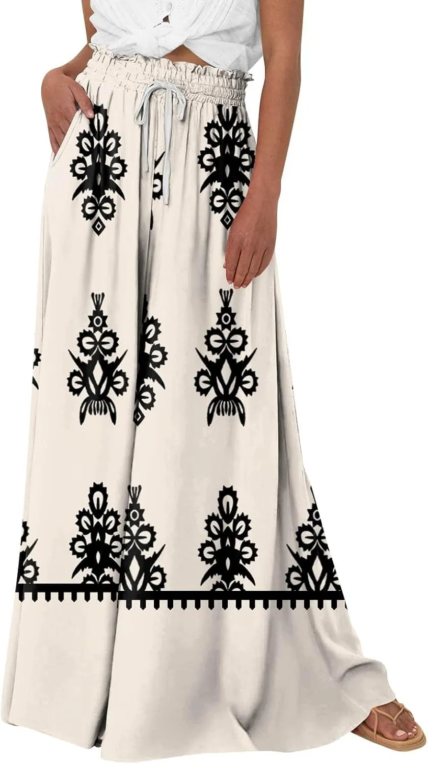 Loose Pants for Women Baggy Boho High Waisted Bohemian Print Flowy Loose Fit Plus Size Wide Leg Trousers