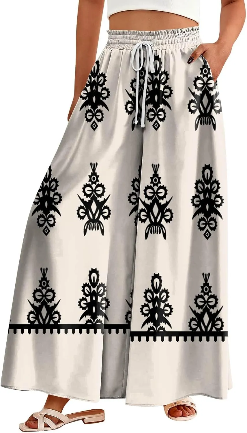 Loose Pants for Women Baggy Boho High Waisted Bohemian Print Flowy Loose Fit Plus Size Wide Leg Trousers