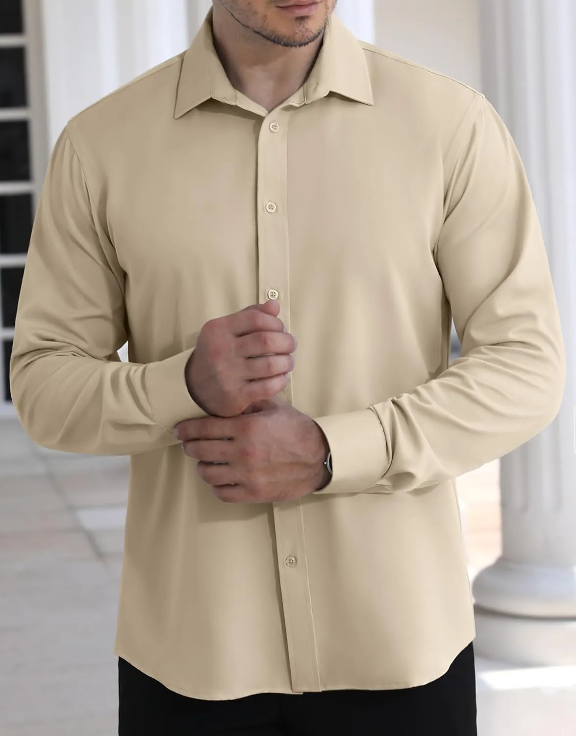 LUPURTY Dress Shirts for Men Long Sleeve Regular Fit Button Down Shirt Stretch Wrinkle Free Business Formal