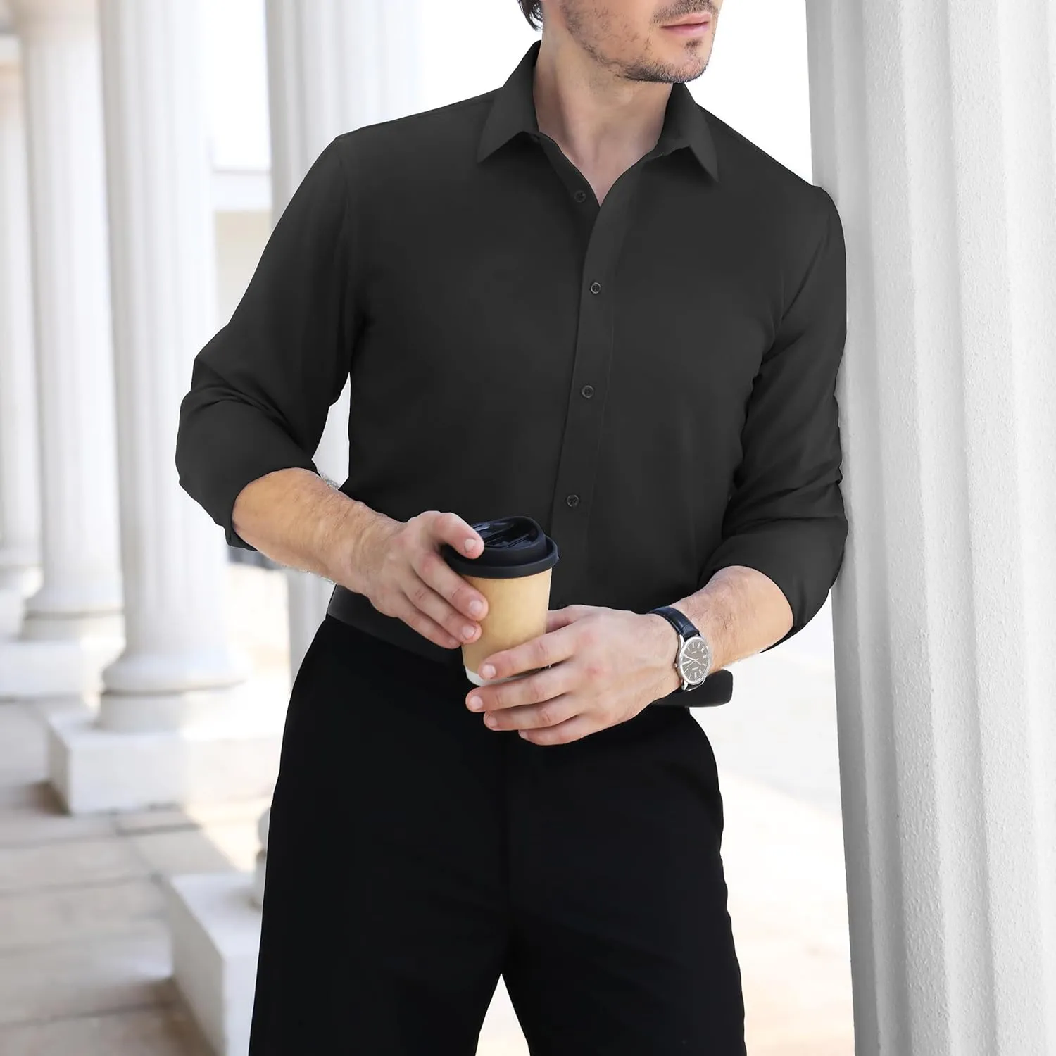 LUPURTY Dress Shirts for Men Long Sleeve Regular Fit Button Down Shirt Stretch Wrinkle Free Business Formal