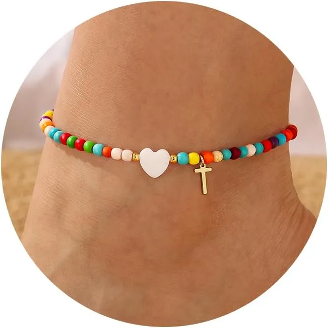 M MOOHAM Colorful Ankle Bracelets for Women - Cute Beaded Initial Ankle Bracelet Bohemian Anklets,Simple Charm Anklets, Jewelry Gifts for Women Birthday Ideas