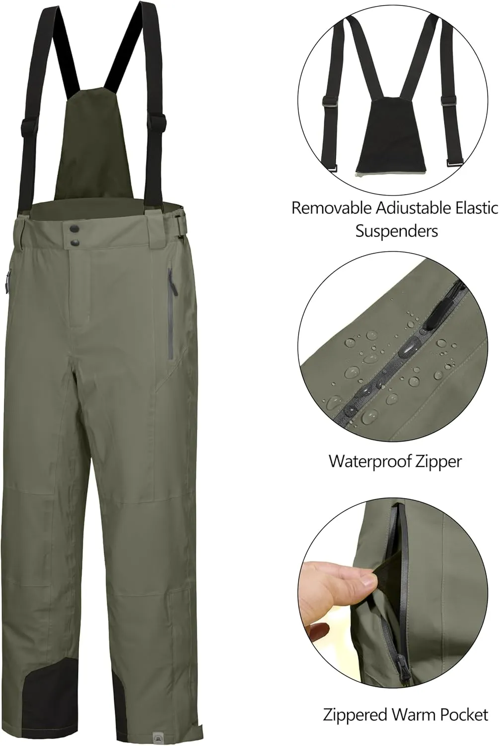 Mapamyumco Men's Snow Insulated Ski Bib Pants, Waterproof Windproof Snowboard Hiking Pants with Detachable Suspenders