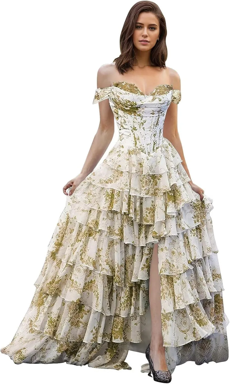 Maxianever Tiered Floral Print Prom Dresses for Women 2025 Chiffon Off Shoulder Long Evening Pageant Dress