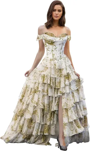 Maxianever Tiered Floral Print Prom Dresses for Women 2025 Chiffon Off Shoulder Long Evening Pageant Dress