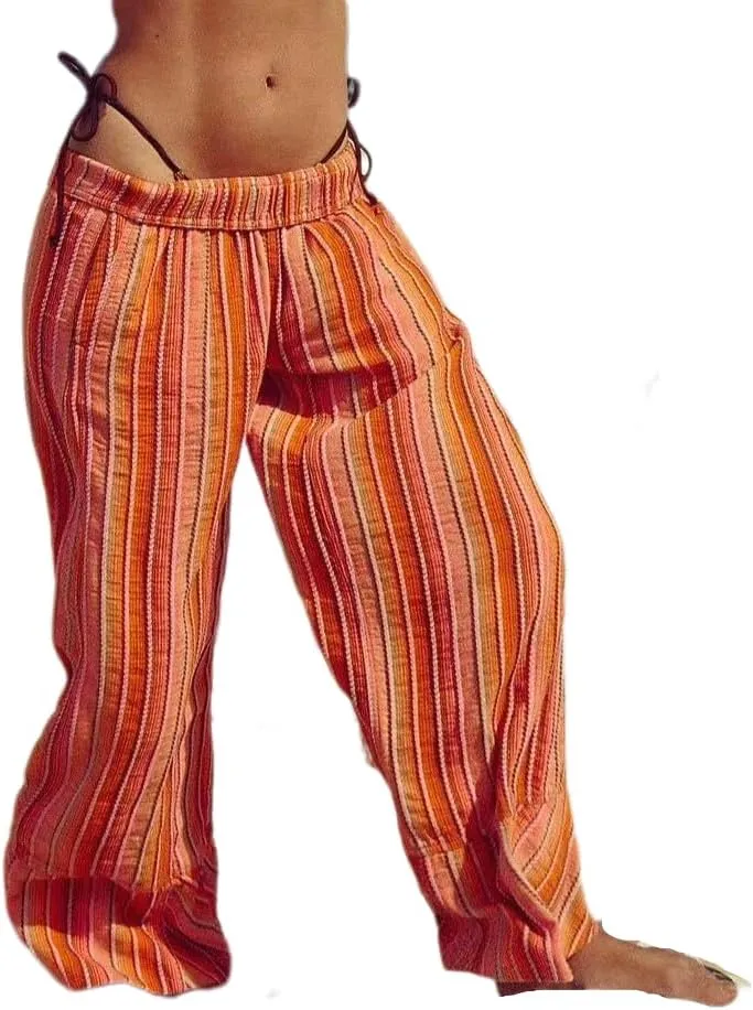 Melliflo Striped Beach Pants High Waisted Wide Leg Pants for Women Elastic Waist Summer Casual Office Trousers