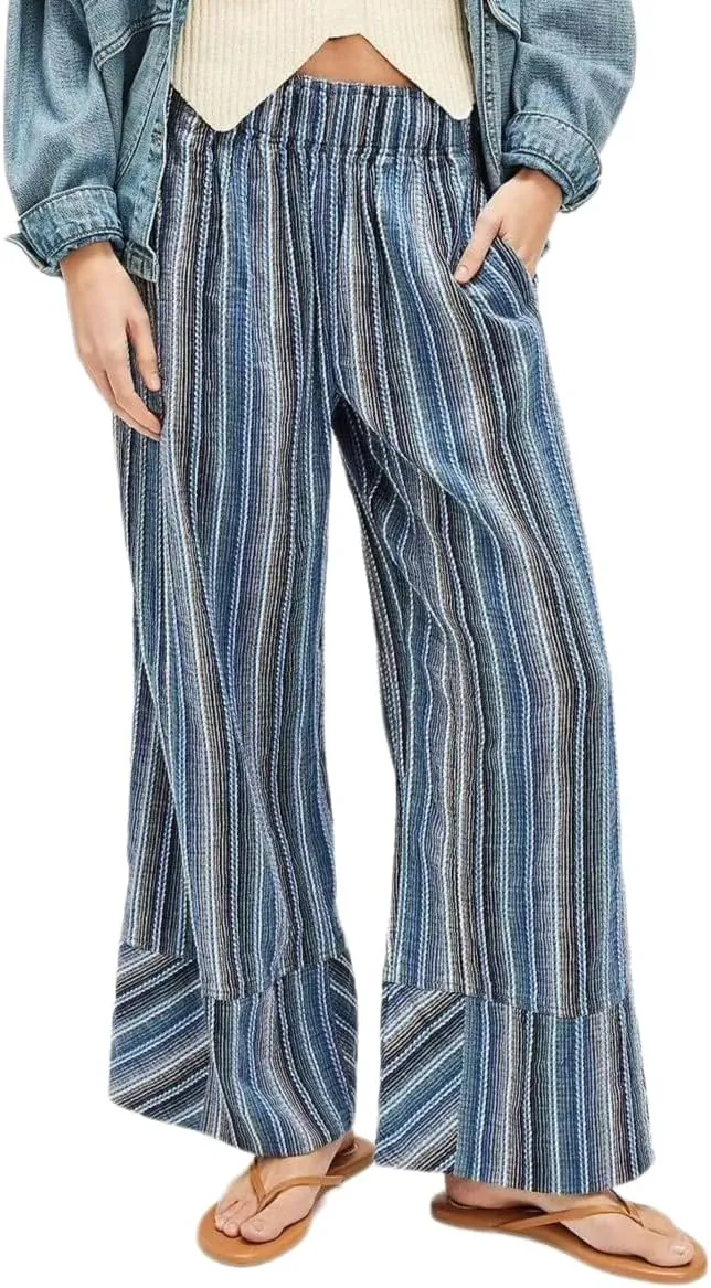 Melliflo Striped Beach Pants High Waisted Wide Leg Pants for Women Elastic Waist Summer Casual Office Trousers