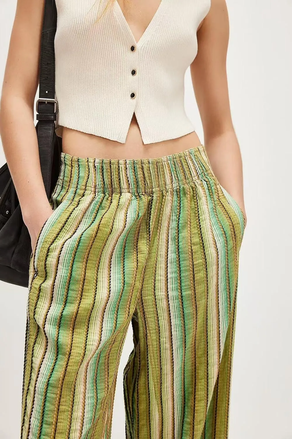 Melliflo Striped Beach Pants High Waisted Wide Leg Pants for Women Elastic Waist Summer Casual Office Trousers