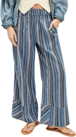 Melliflo Striped Beach Pants High Waisted Wide Leg Pants for Women Elastic Waist Summer Casual Office Trousers