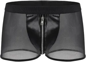 Men See Through Underwear Mesh Sexy Comfortable Stretch Boxers Briefs with Zipper Pouch Leather Trunk Underpant