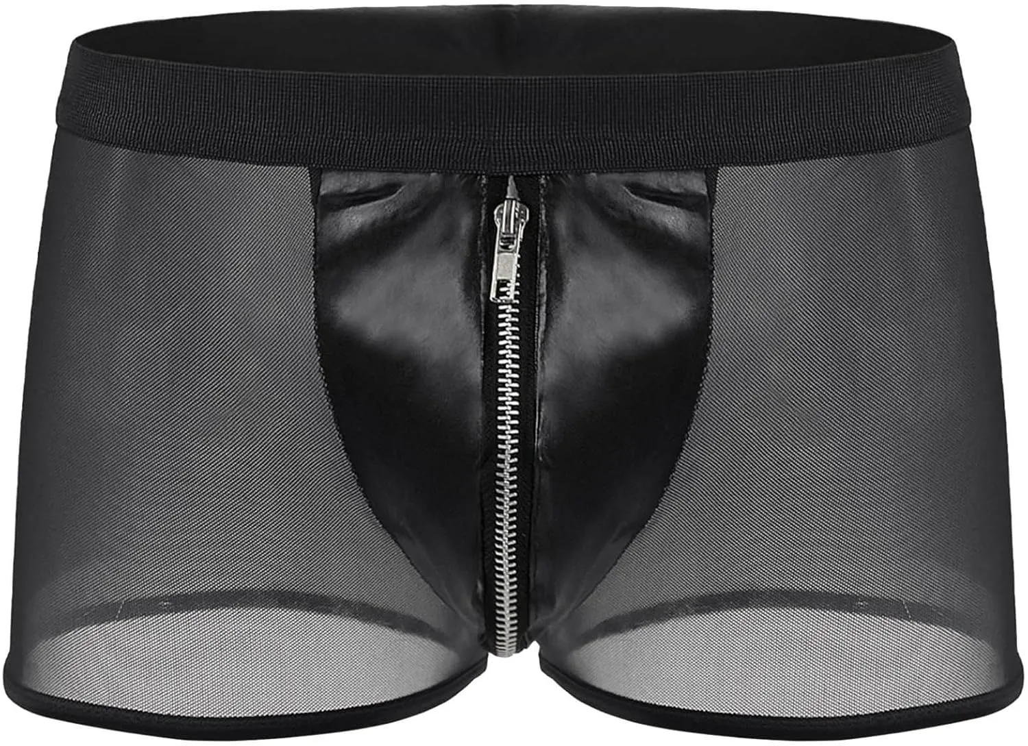 Men See Through Underwear Mesh Sexy Comfortable Stretch Boxers Briefs with Zipper Pouch Leather Trunk Underpant