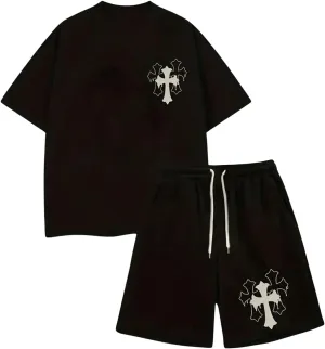 Men's 2 Piece Shorts Set Cross Graphic Short Sleeve Crewneck T Shirt Tracksuit Outfits