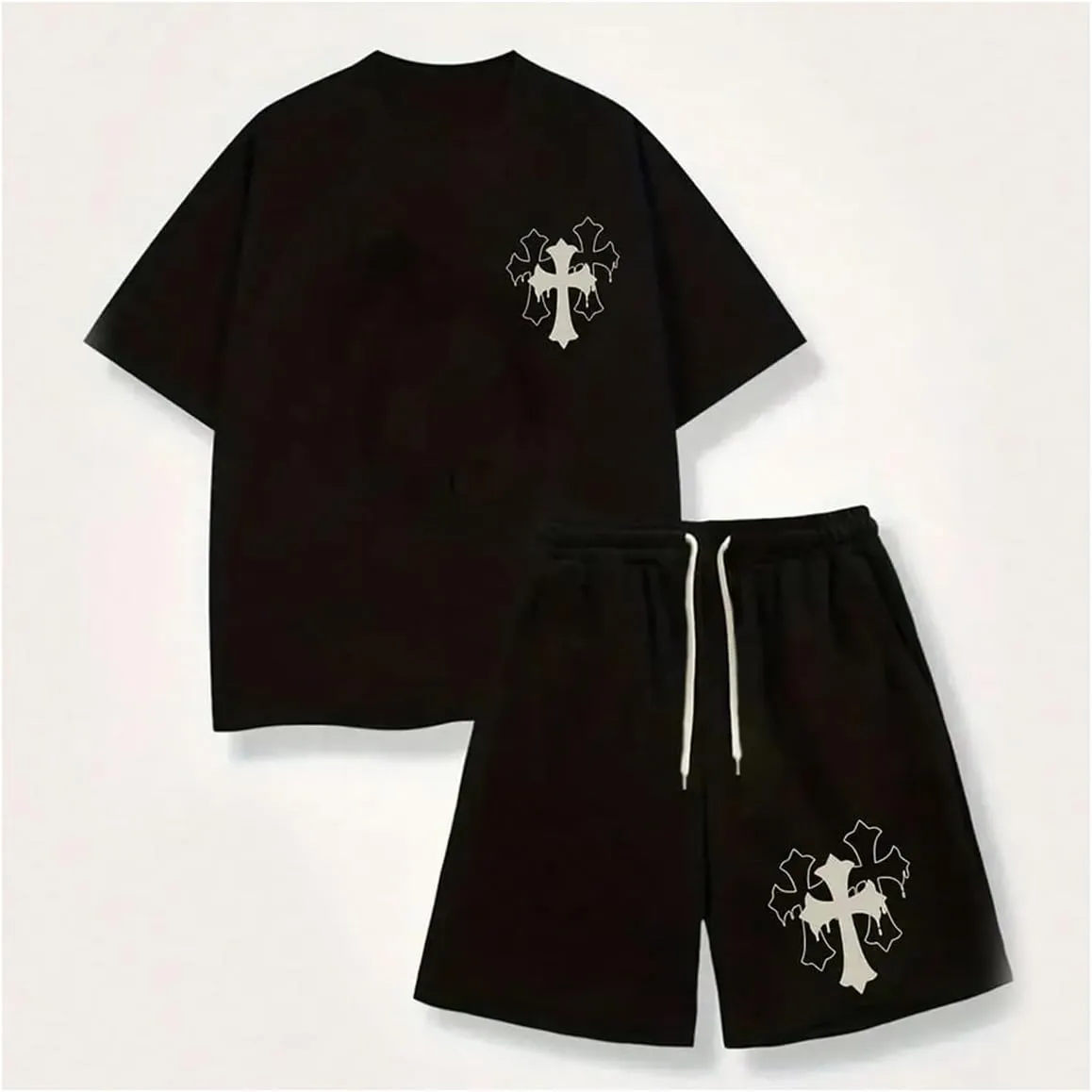 Men's 2 Piece Shorts Set Cross Graphic Short Sleeve Crewneck T Shirt Tracksuit Outfits