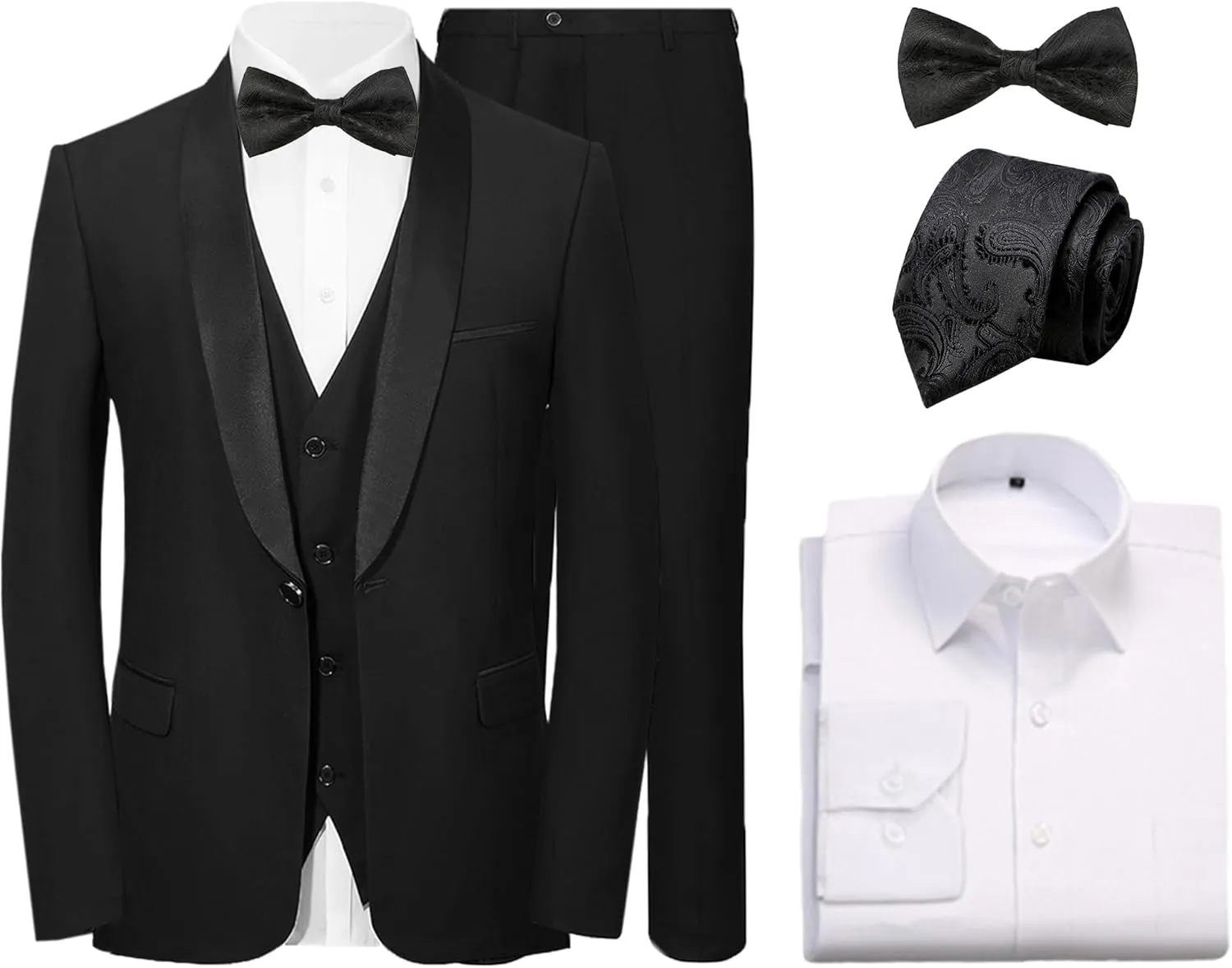 Men's 6 Pieces Slim Fit Suit 1 Button Blazer Jacket Vest Pants Shirts Tie Bow Tie Tuxedo Set for Dinner Party Wedding