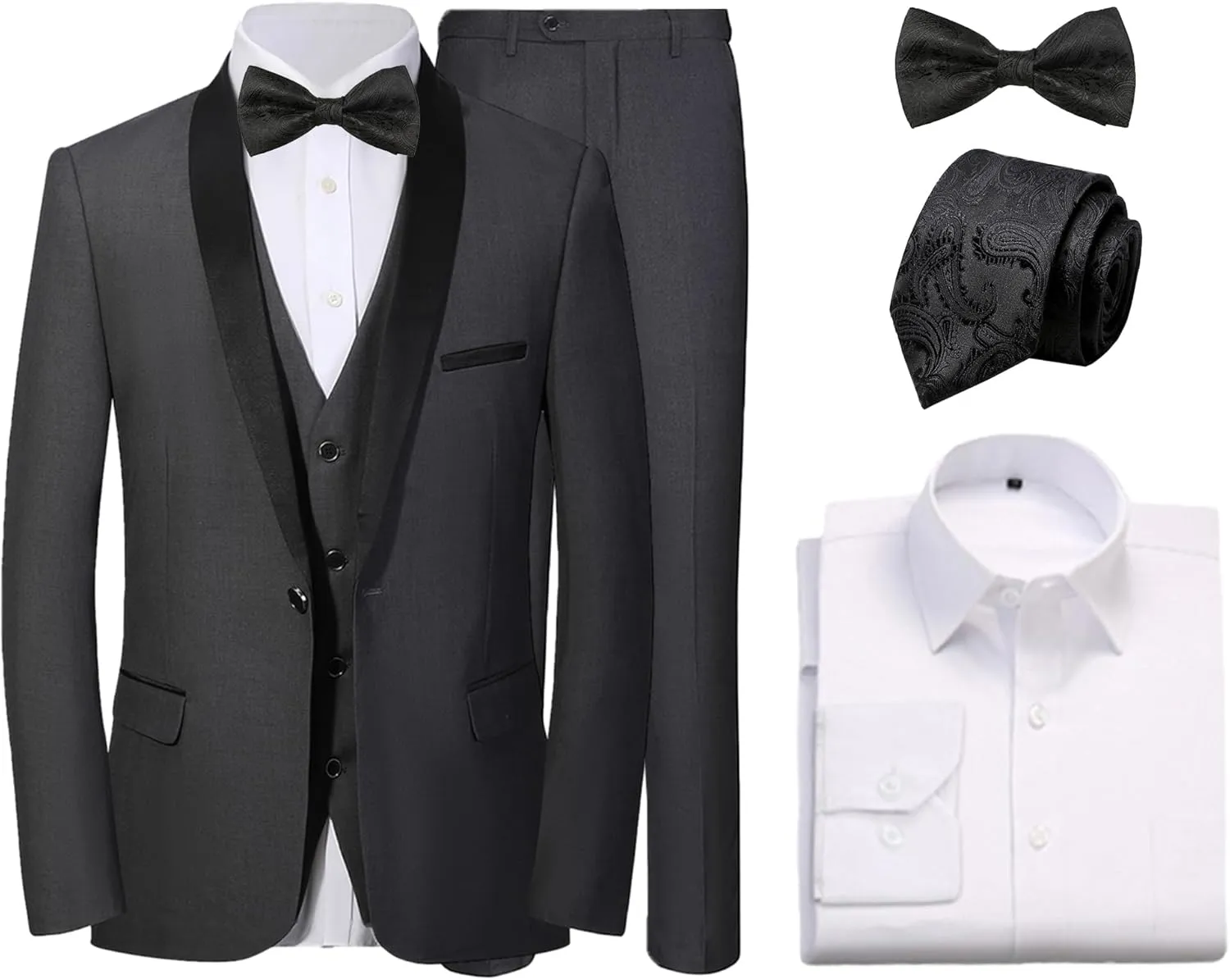 Men's 6 Pieces Slim Fit Suit 1 Button Blazer Jacket Vest Pants Shirts Tie Bow Tie Tuxedo Set for Dinner Party Wedding