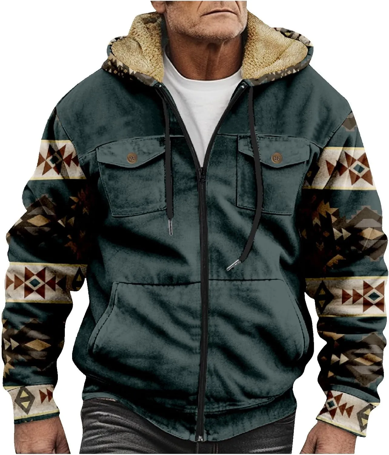 Men's Aztec Hoodies Jackets Long Sleeve Zip Up Winter Sweatshirt Coat Casual Vintage With Pocket, S-5XL
