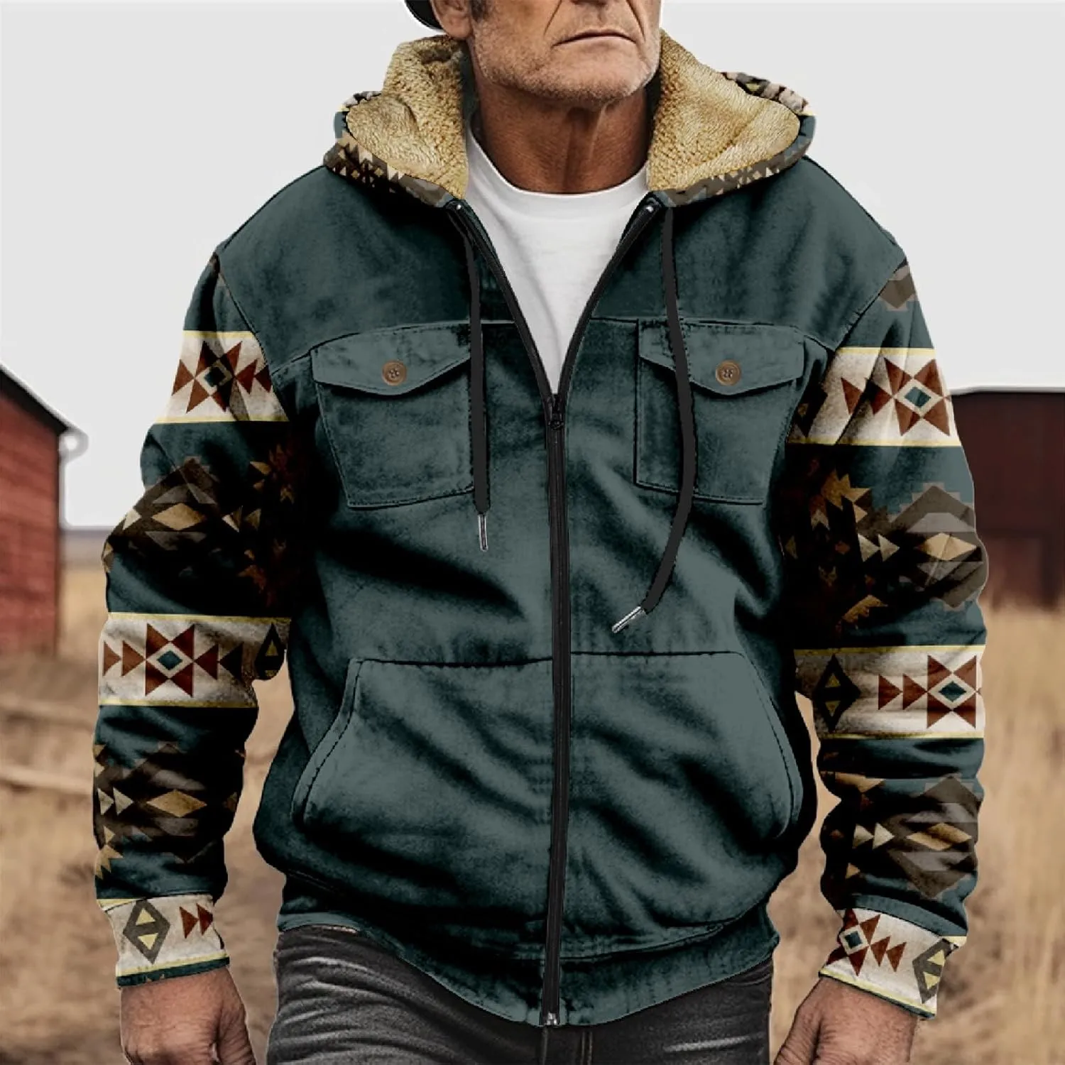 Men's Aztec Hoodies Jackets Long Sleeve Zip Up Winter Sweatshirt Coat Casual Vintage With Pocket, S-5XL