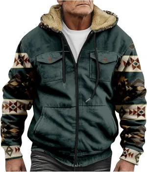 Men's Aztec Hoodies Jackets Long Sleeve Zip Up Winter Sweatshirt Coat Casual Vintage With Pocket, S-5XL