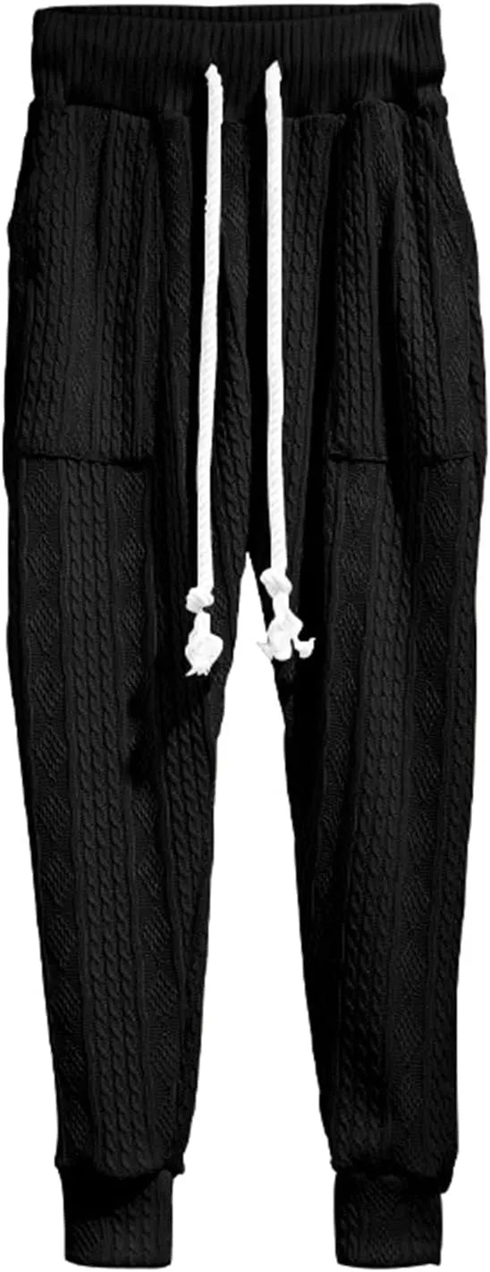 Mens Casual Chino Knitted Pants Elasticated Waist Drawstring Lightweight Sweatpants Loose Fashion Jogging Trousers