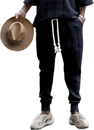 Mens Casual Chino Knitted Pants Elasticated Waist Drawstring Lightweight Sweatpants Loose Fashion Jogging Trousers