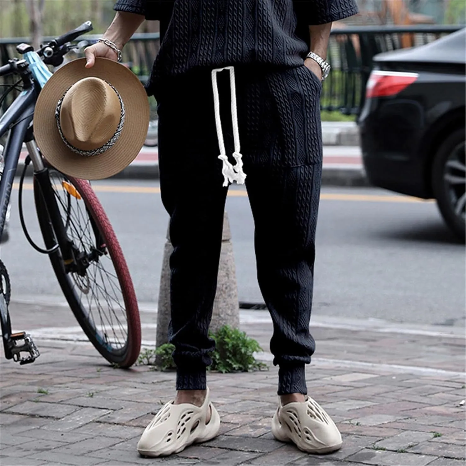 Mens Casual Chino Knitted Pants Elasticated Waist Drawstring Lightweight Sweatpants Loose Fashion Jogging Trousers