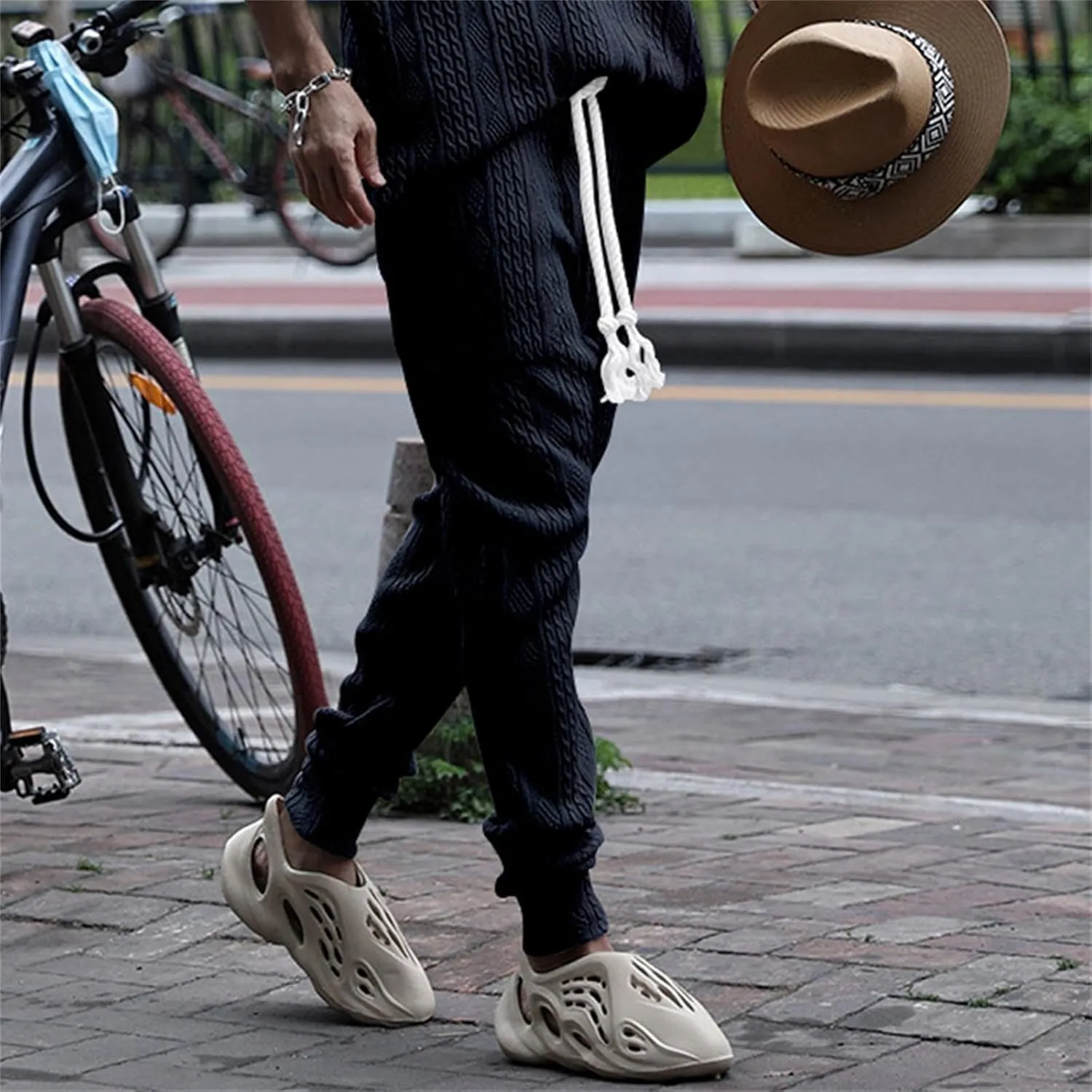 Mens Casual Chino Knitted Pants Elasticated Waist Drawstring Lightweight Sweatpants Loose Fashion Jogging Trousers