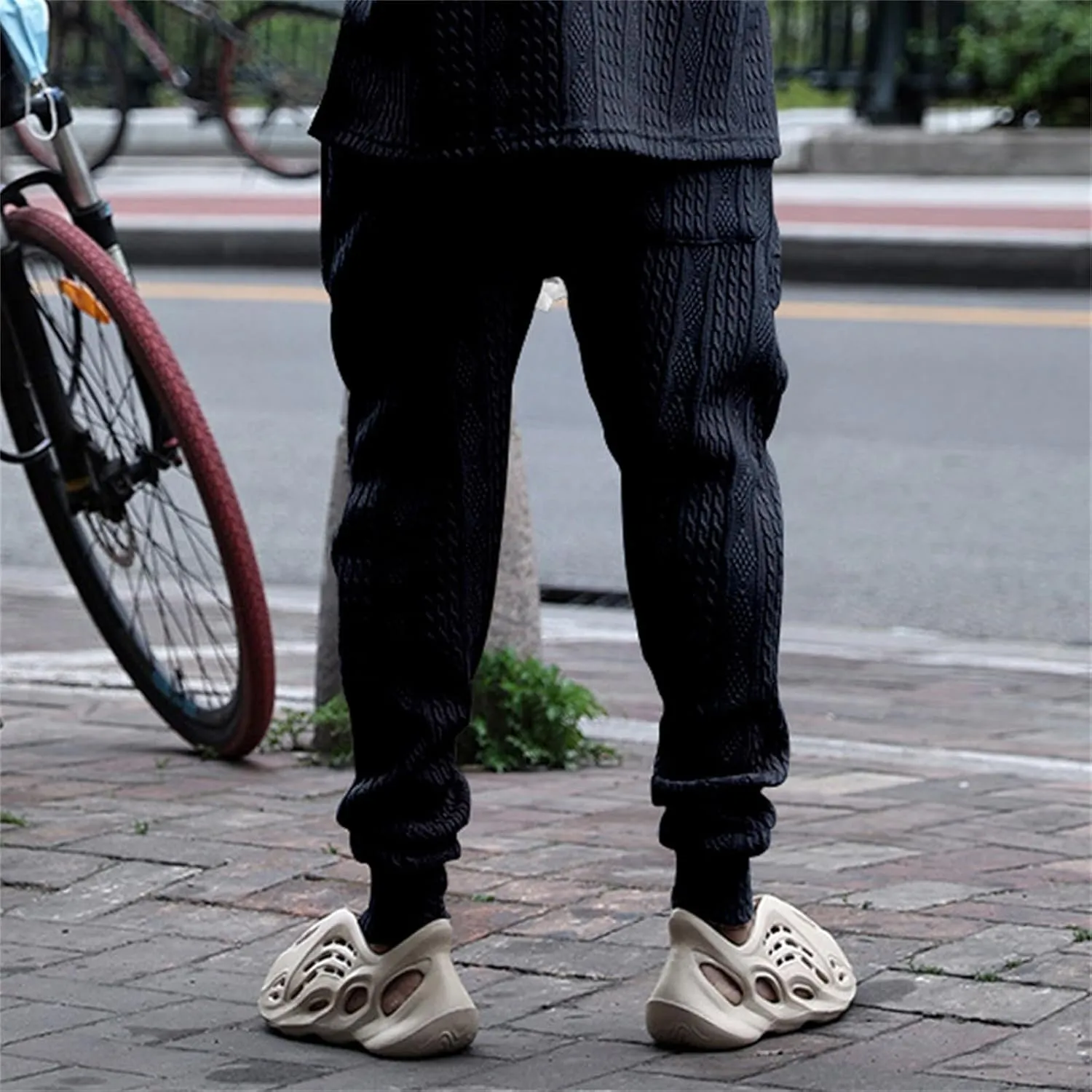 Mens Casual Chino Knitted Pants Elasticated Waist Drawstring Lightweight Sweatpants Loose Fashion Jogging Trousers