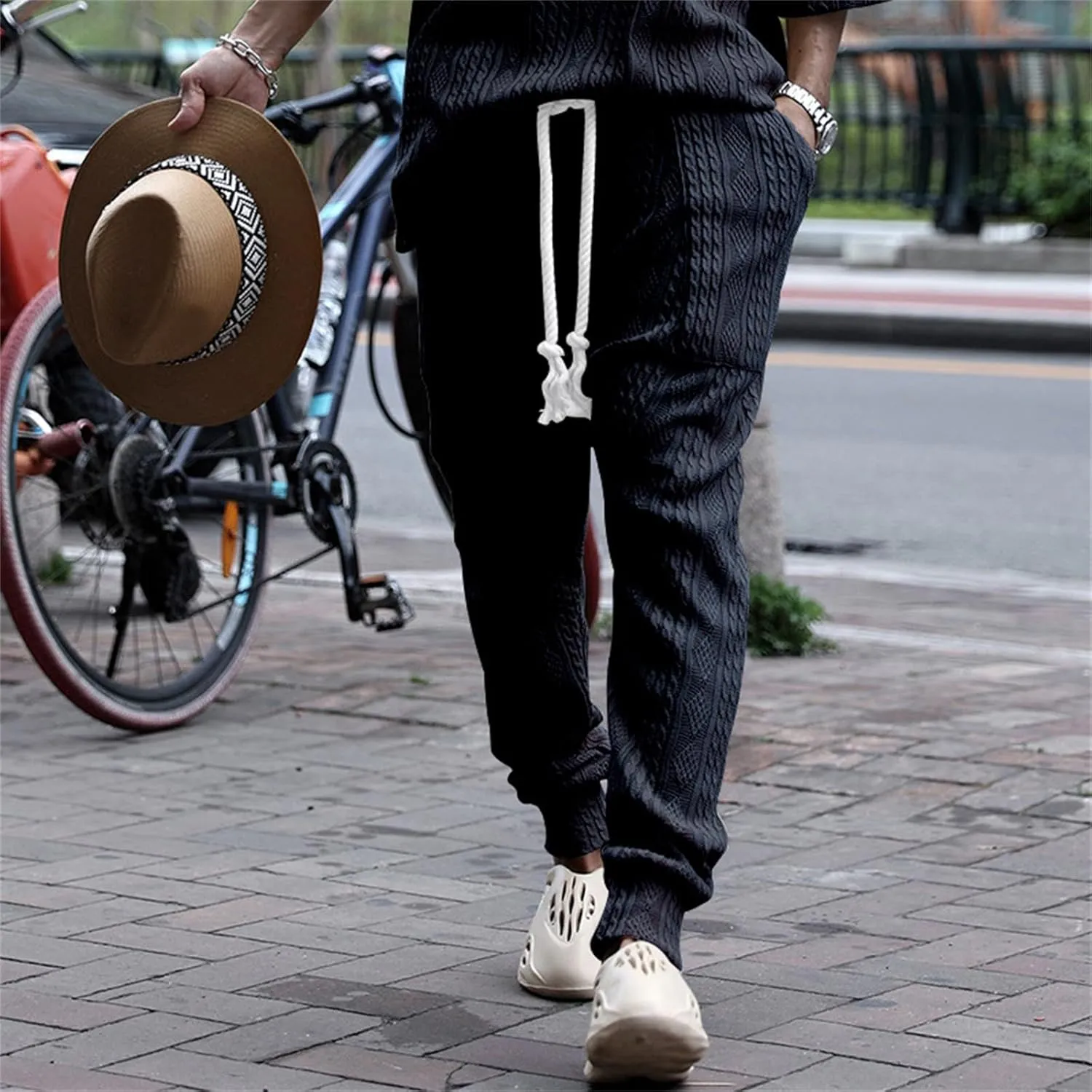 Mens Casual Chino Knitted Pants Elasticated Waist Drawstring Lightweight Sweatpants Loose Fashion Jogging Trousers