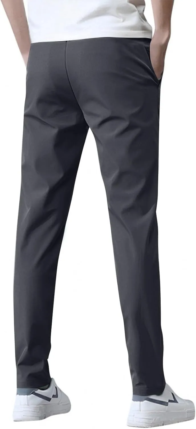 Men's Casual Pants Cotton Twill Drawstring Elastic Waist Chino Pants with Pockets