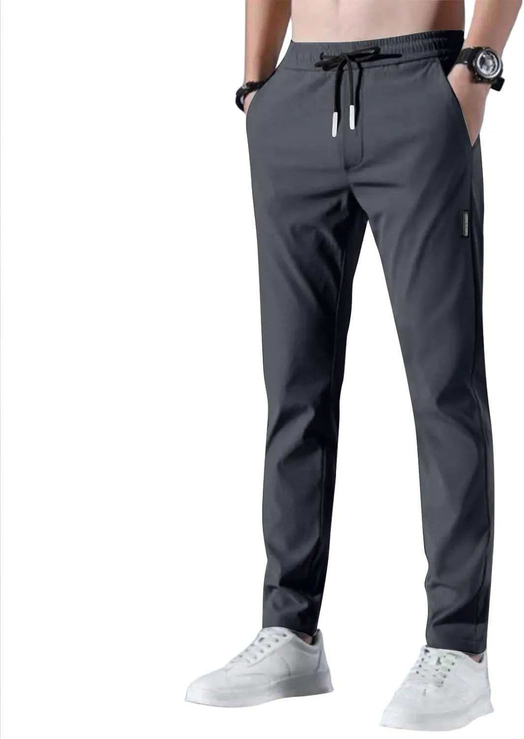 Men's Casual Pants Cotton Twill Drawstring Elastic Waist Chino Pants with Pockets