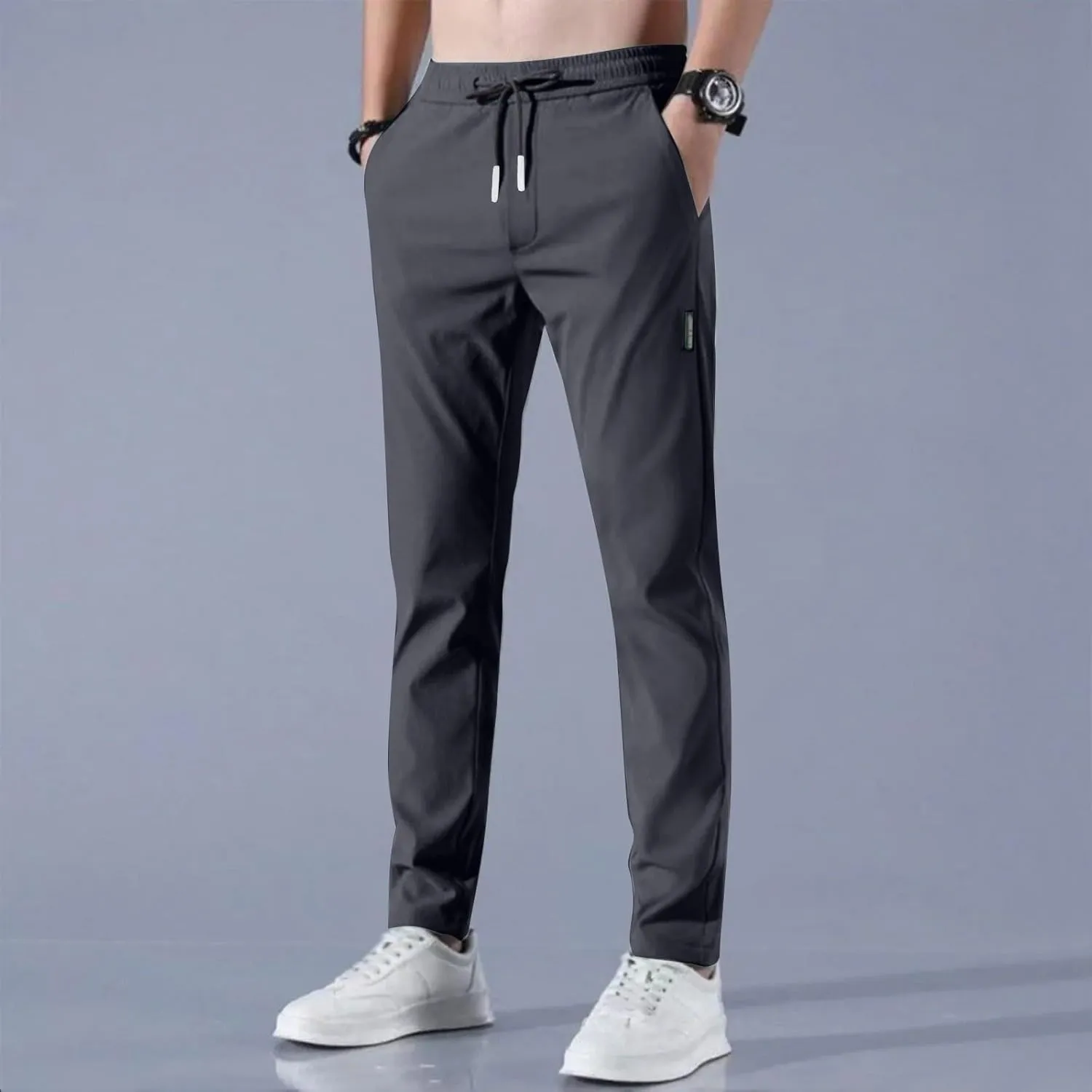 Men's Casual Pants Cotton Twill Drawstring Elastic Waist Chino Pants with Pockets