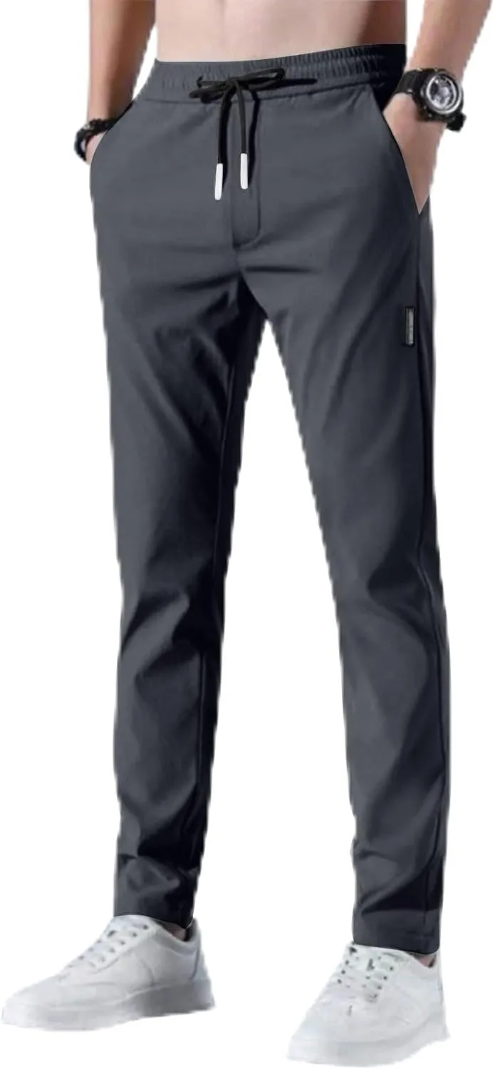 Men's Casual Pants Cotton Twill Drawstring Elastic Waist Chino Pants with Pockets