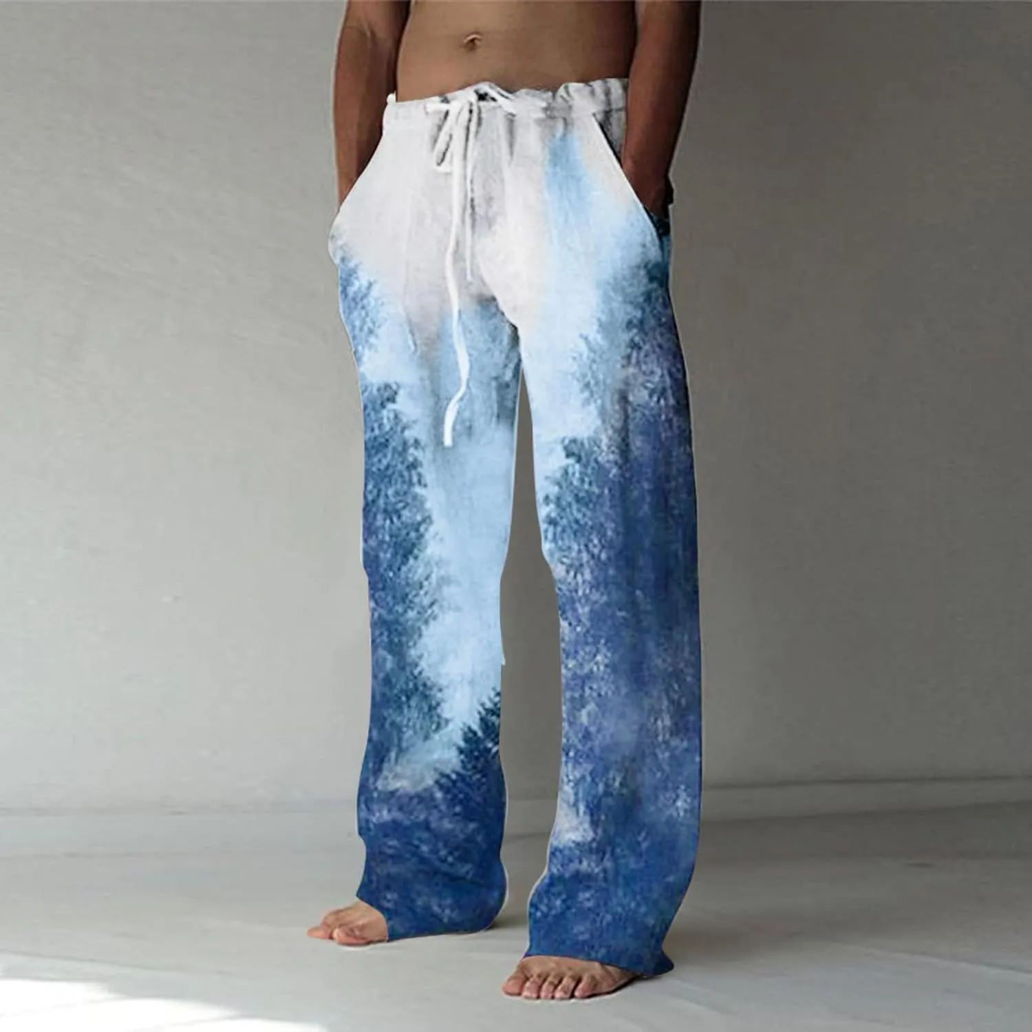 Men's Casual Summer Pants Beach Hawaiian Print Linen Pants Elastic Waist Drawstring Baggy Trousers with Pockets
