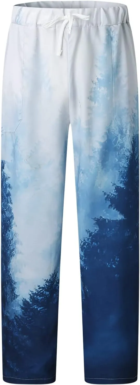 Men's Casual Summer Pants Beach Hawaiian Print Linen Pants Elastic Waist Drawstring Baggy Trousers with Pockets