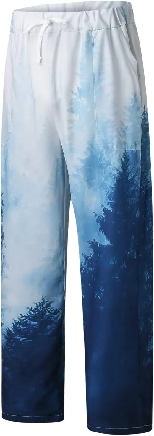 Men's Casual Summer Pants Beach Hawaiian Print Linen Pants Elastic Waist Drawstring Baggy Trousers with Pockets